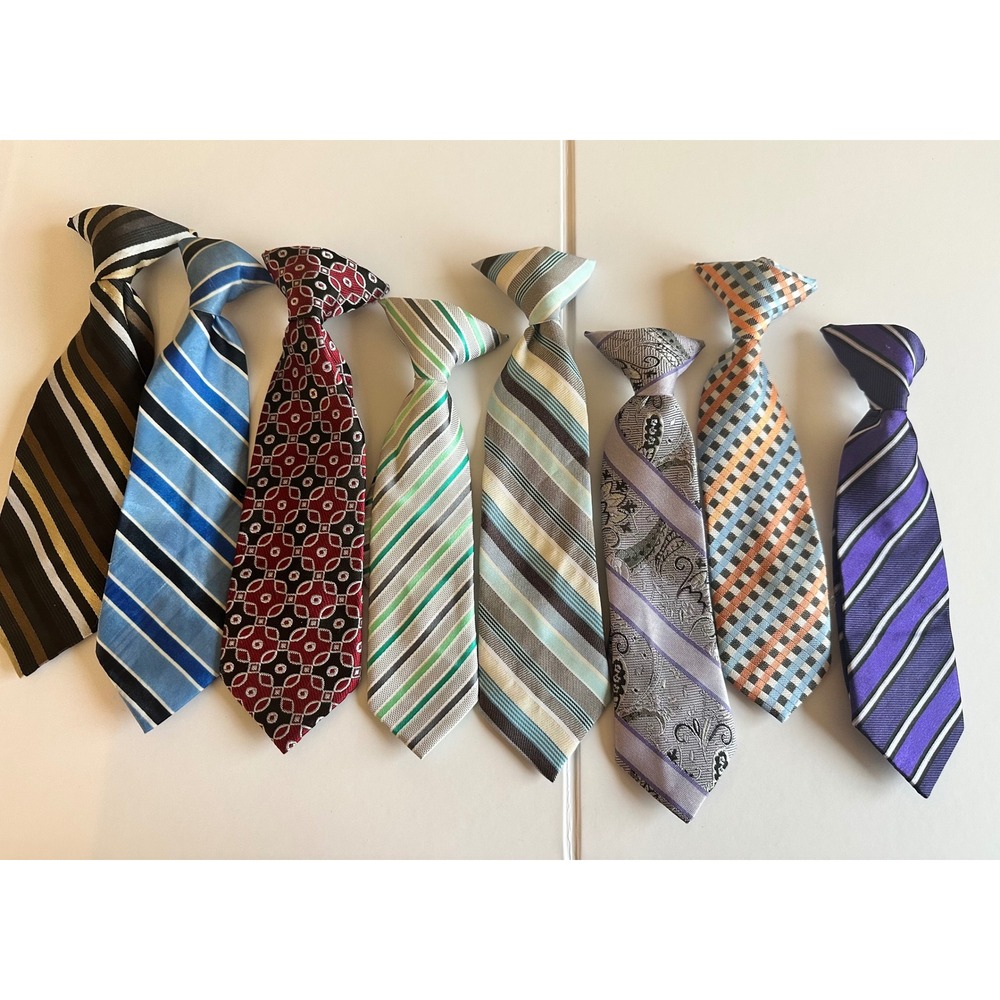 Lot of 8 Boys Clip On Neckties Assorted Stripes Paisley Geometric Formal Ties 9"